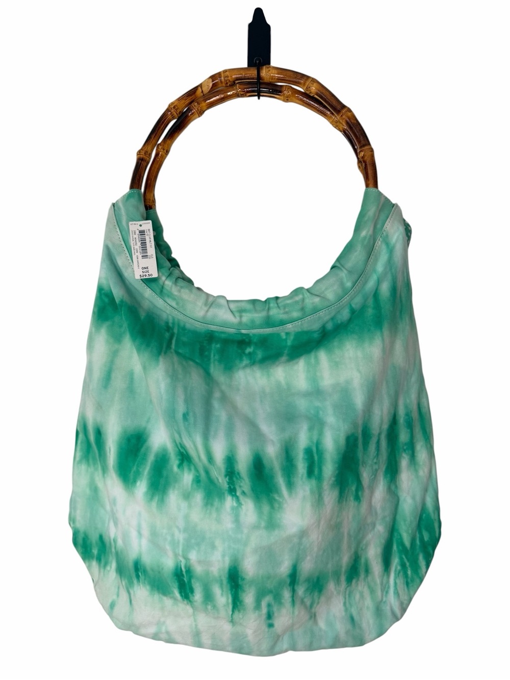 Lands’ End Reversible Tote Beach Bag Shoulder Bamboo Handles Green Tie Dye NWT